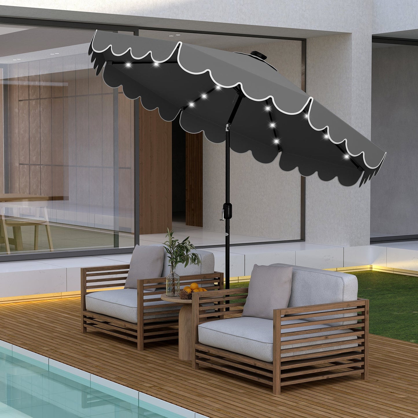 9.3 FT Solar Patio Umbrella with 24 LED Lights Vented Top and Ruffles-Gray