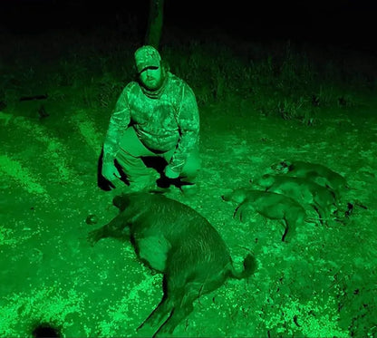 Langy Solar Lights solar green hunting light, 15,000 lumens, outdoor hog hunting scene on Tampa Home & Garden Store