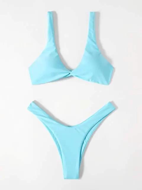 Solid Tie Bikini Padded Bra High Leg Set