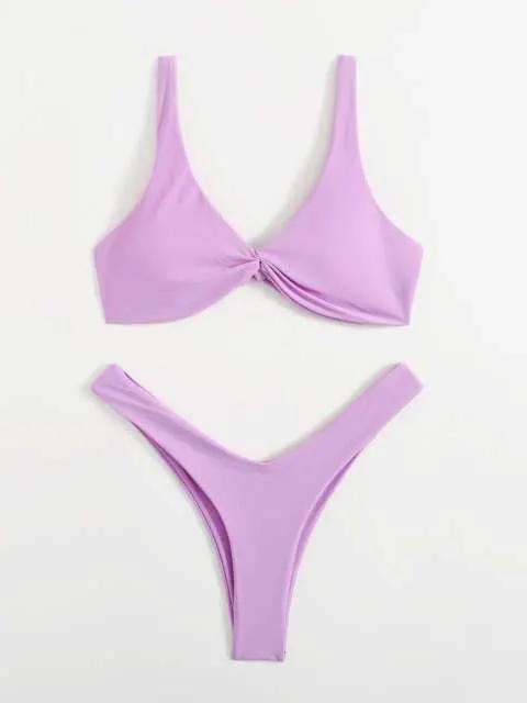 Solid Tie Bikini Padded Bra High Leg Set