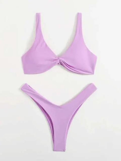 Solid Tie Bikini Padded Bra High Leg Set