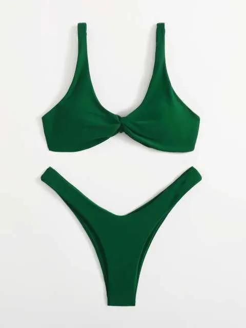 Solid Tie Bikini Padded Bra High Leg Set