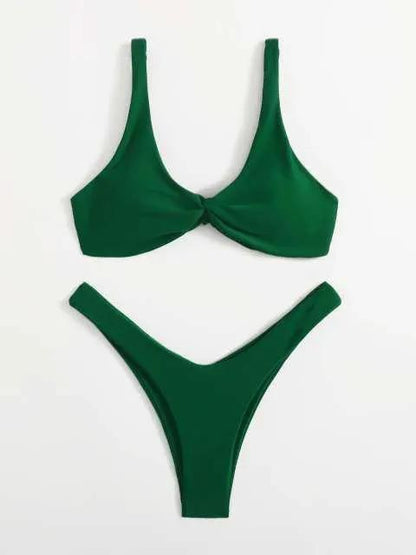 Solid Tie Bikini Padded Bra High Leg Set