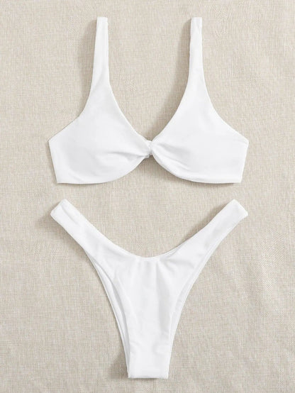 Solid Tie Bikini Padded Bra High Leg Set