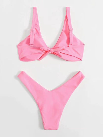 Solid Tie Bikini Padded Bra High Leg Set