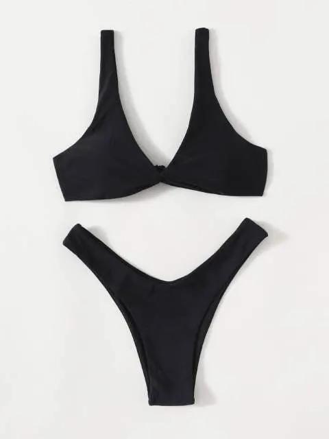 Solid Tie Bikini Padded Bra High Leg Set