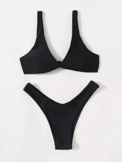Solid Tie Bikini Padded Bra High Leg Set