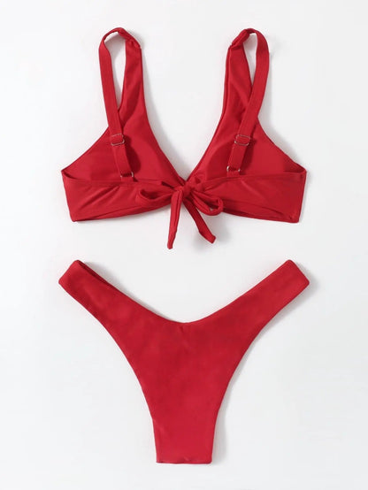 Solid Tie Bikini Padded Bra High Leg Set
