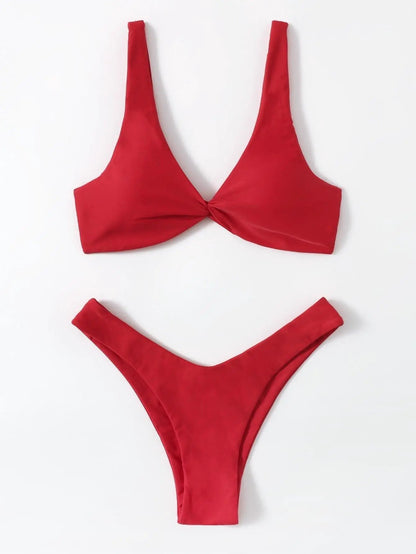 Solid Tie Bikini Padded Bra High Leg Set