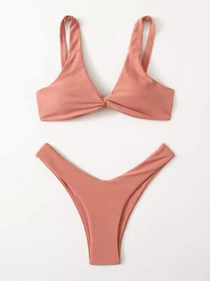 Solid Tie Bikini Padded Bra High Leg Set