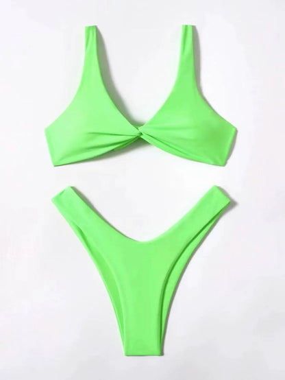 Solid Tie Bikini Padded Bra High Leg Set