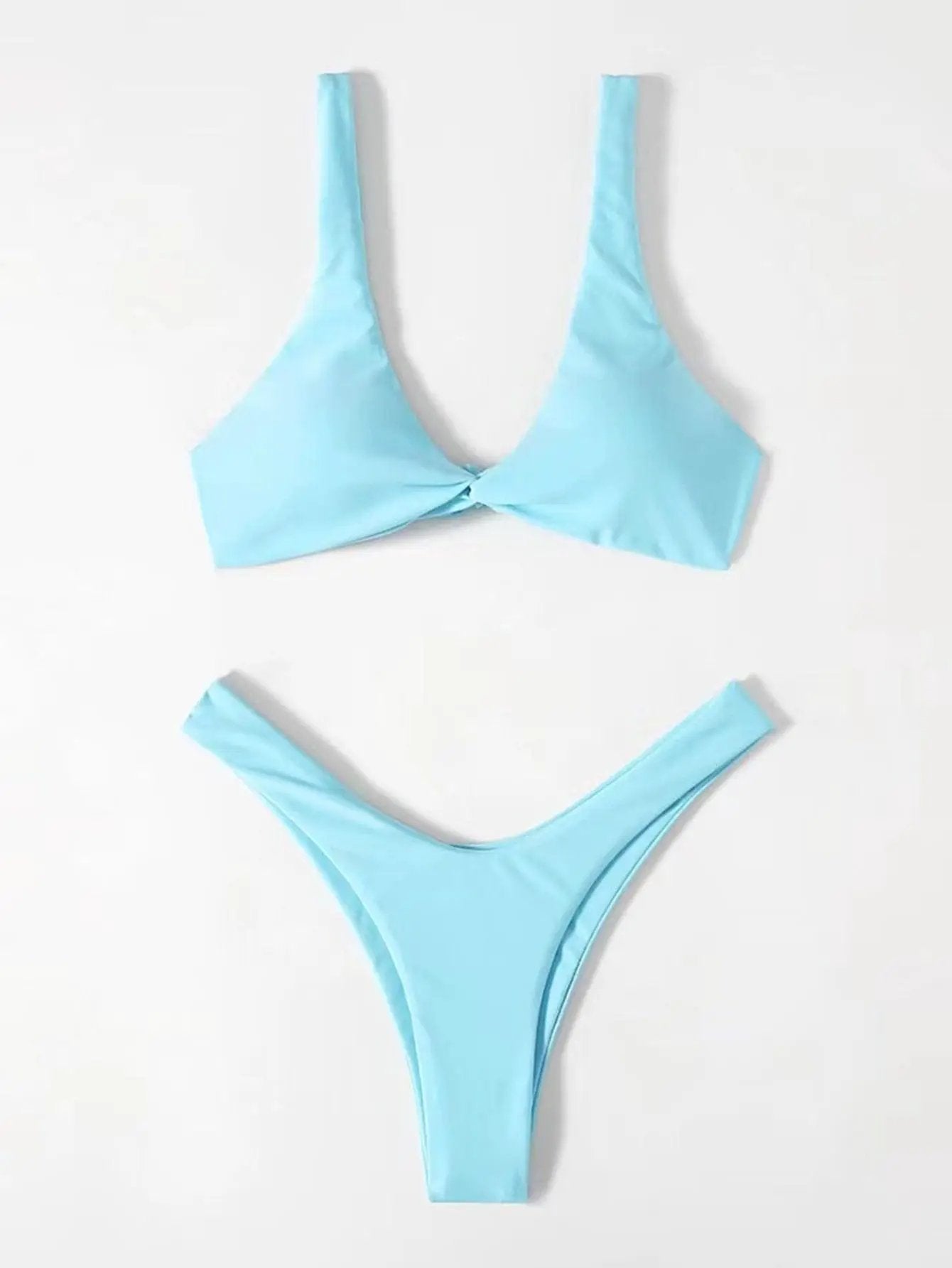 Solid Tie Bikini Padded Bra High Leg Set