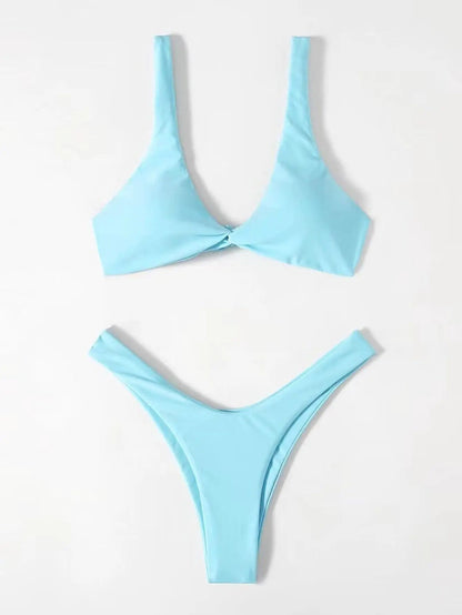 Solid Tie Bikini Padded Bra High Leg Set