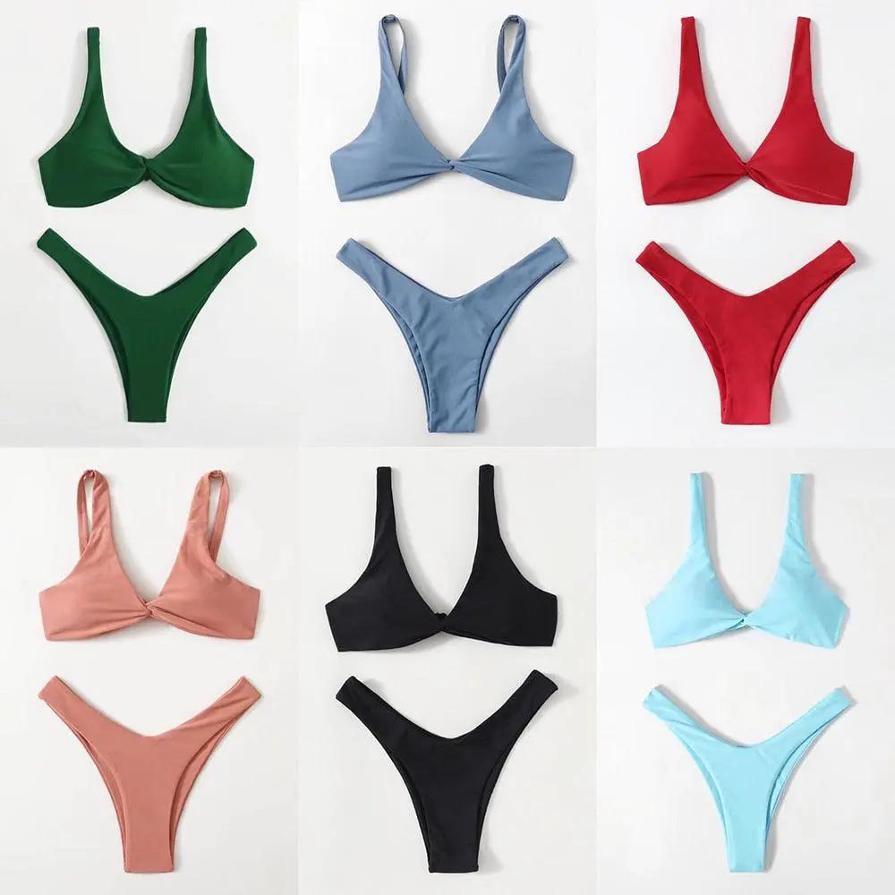 Solid Tie Bikini Padded Bra High Leg Set