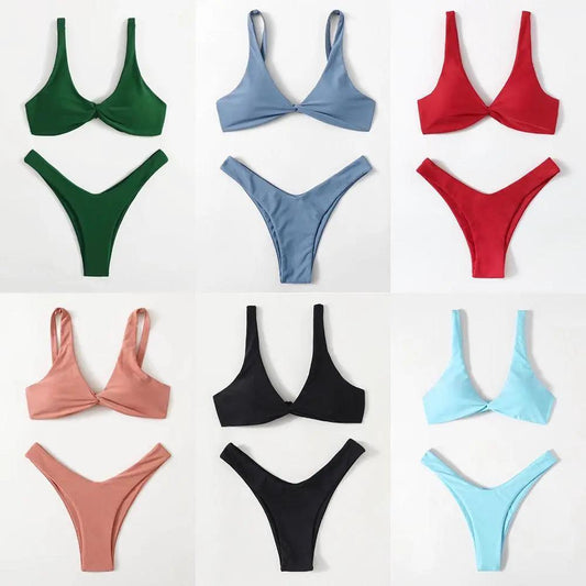 Stevvex solid tie bikini set padded bra high-leg two-piece swimwear in nine colorways on Tampa Home & Garden Store