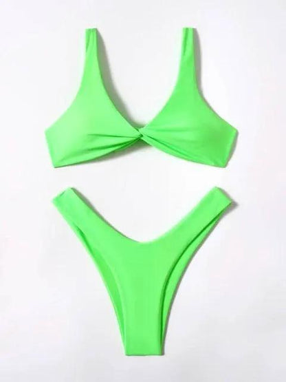 Solid Tie Bikini Padded Bra High Leg Set