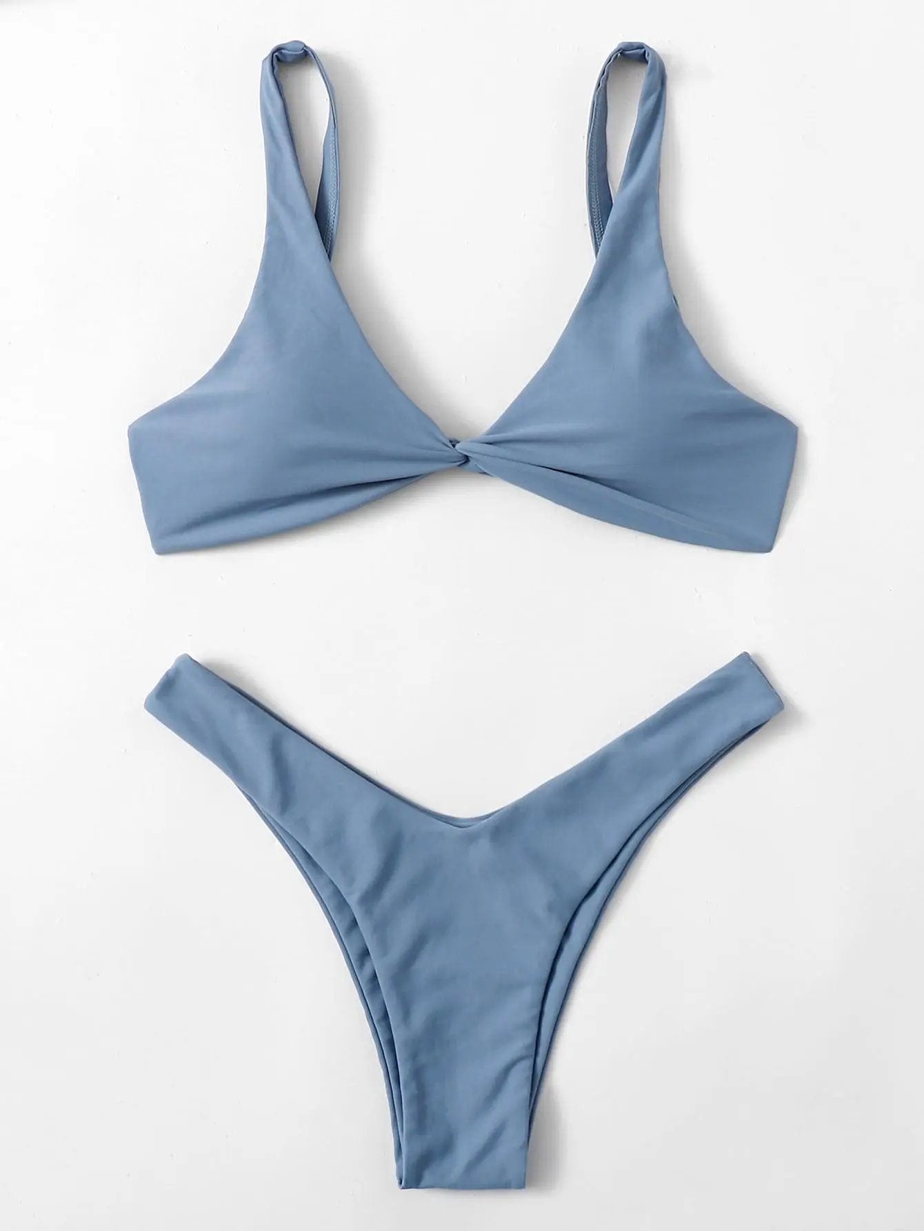 Solid Tie Bikini Padded Bra High Leg Set