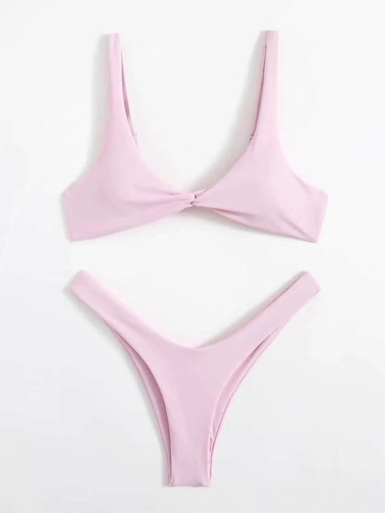 Solid Tie Bikini Padded Bra High Leg Set