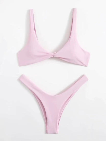 Solid Tie Bikini Padded Bra High Leg Set