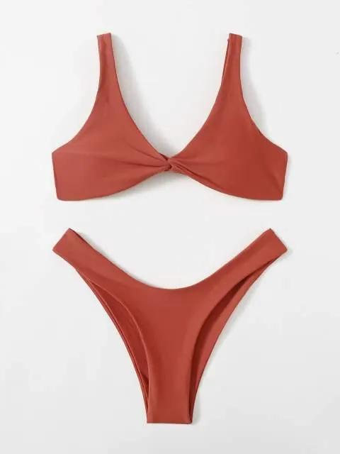 Solid Tie Bikini Padded Bra High Leg Set