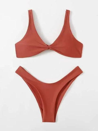 Solid Tie Bikini Padded Bra High Leg Set