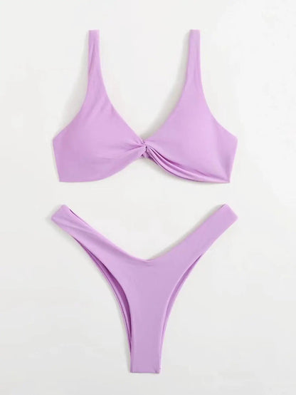 Solid Tie Bikini Padded Bra High Leg Set