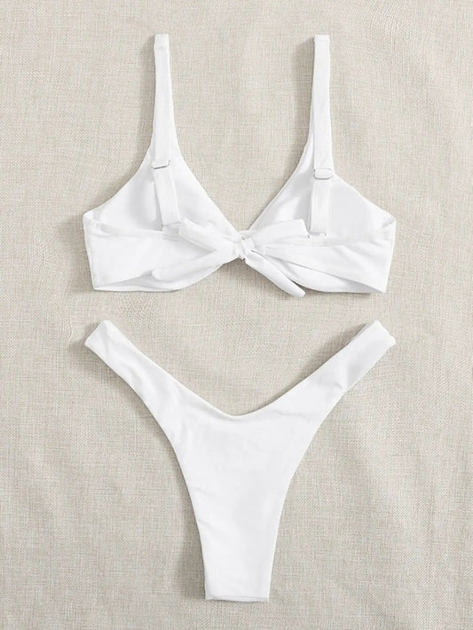 White solid two-piece bikini with padded top and front bow knot; high-cut bottom on Tampa Home & Garden Store