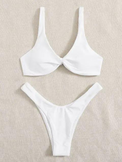 Solid Tie Bikini Padded Bra High Leg Set