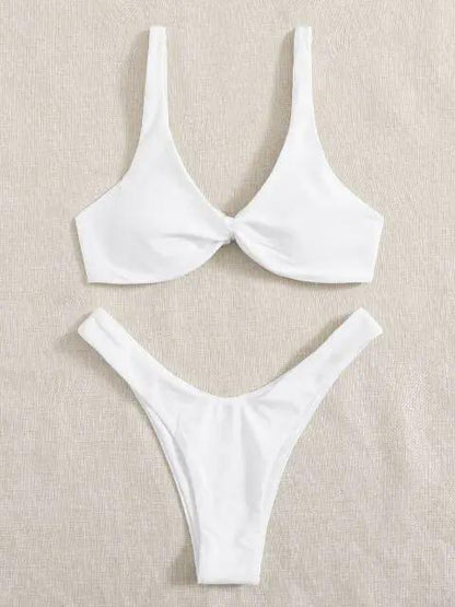 Solid Tie Bikini Padded Bra High Leg Set