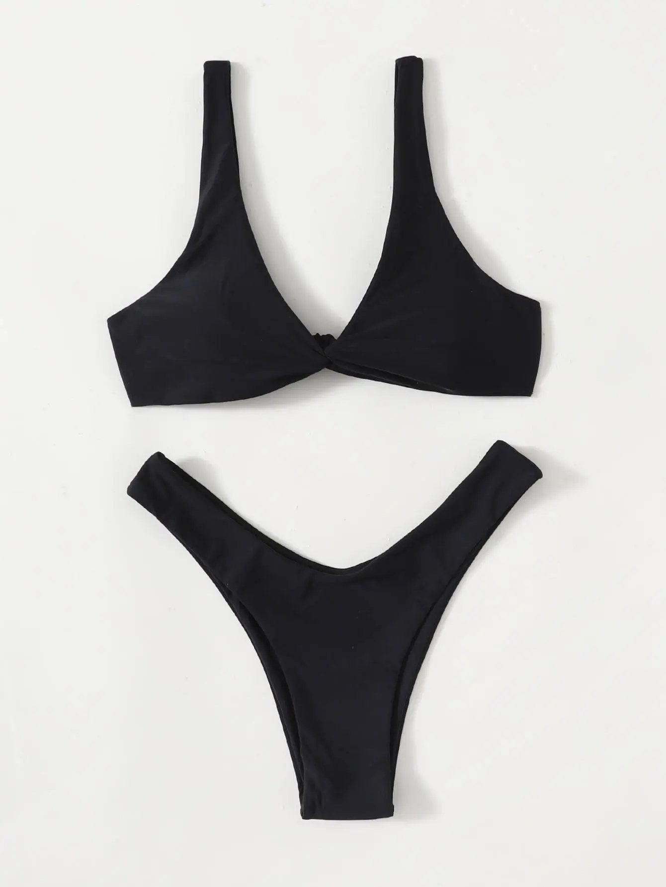 Solid Tie Bikini Padded Bra High Leg Set