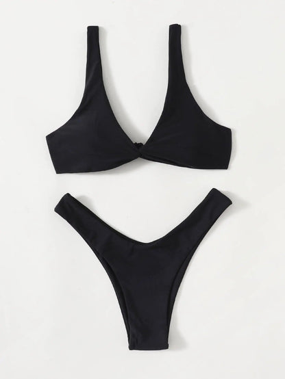 Solid Tie Bikini Padded Bra High Leg Set