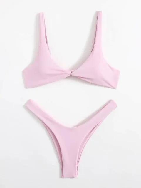 Solid Tie Bikini Padded Bra High Leg Set