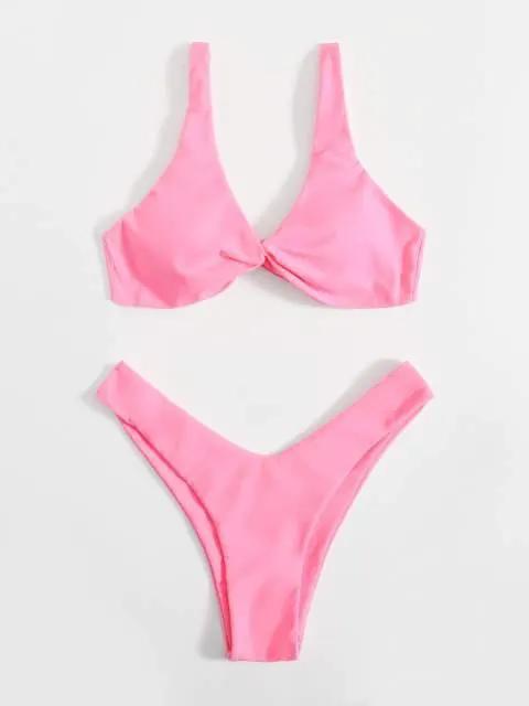 Solid Tie Bikini Padded Bra High Leg Set