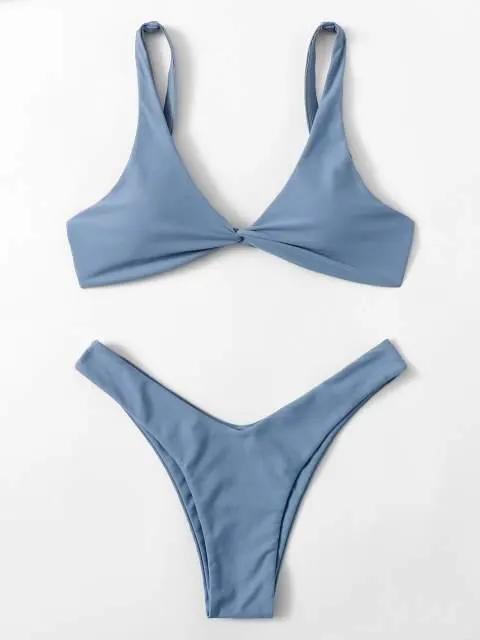 Solid Tie Bikini Padded Bra High Leg Set