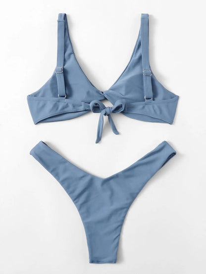 Solid Tie Bikini Padded Bra High Leg Set