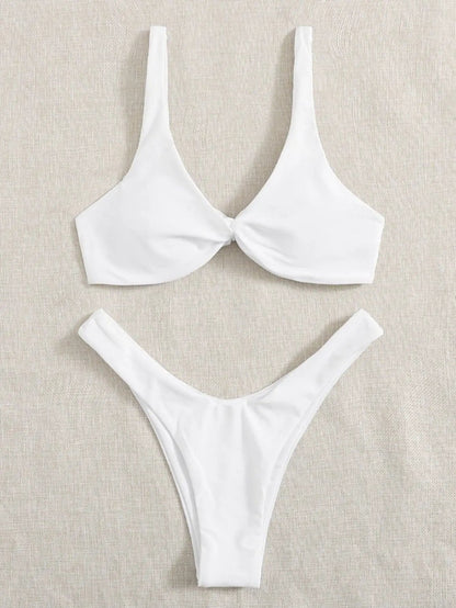 Solid Tie Bikini Padded Bra High Leg Set