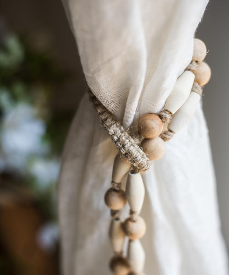 Solid Wood Handmade Rustic Curtain Tieback with natural beads and jute rope on Tampa Home & Garden Store