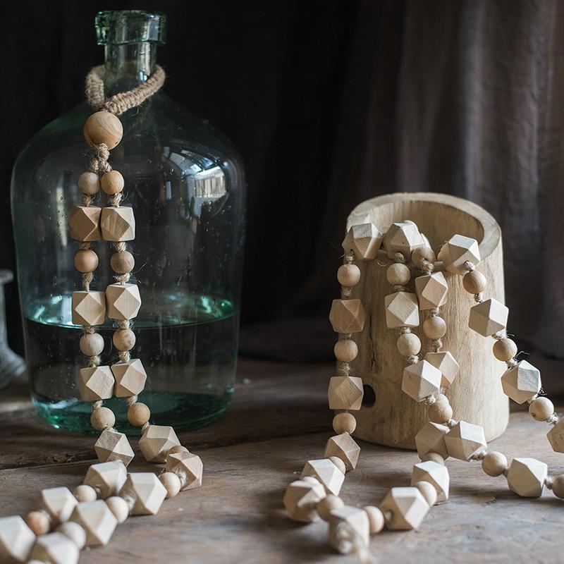 Solid Wood Handmade Rustic Curtain Tiebacks with cube and bead accents in natural wood on Tampa Home & Garden Store