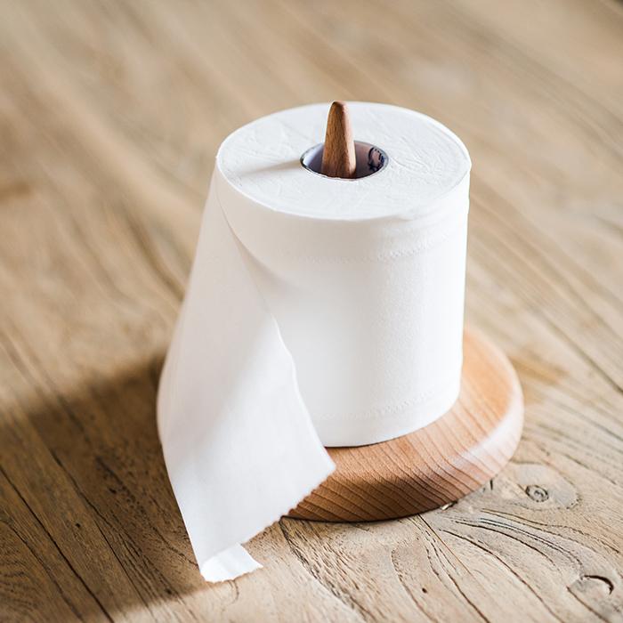 Solid Wood Paper Towel Holder with white paper roll on round wooden base RusticReach on Tampa Home & Garden Store