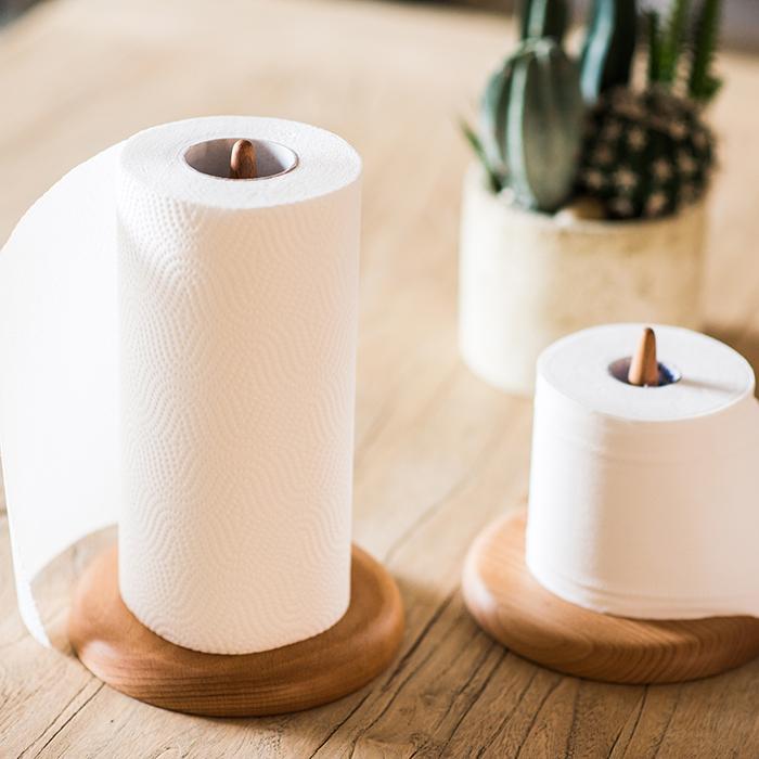 RusticReach solid wood paper towel holder set of two with natural wood bases and white towels on Tampa Home & Garden Store