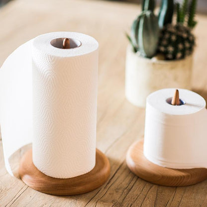 RusticReach solid wood paper towel holder set of two with natural wood bases and white towels on Tampa Home & Garden Store