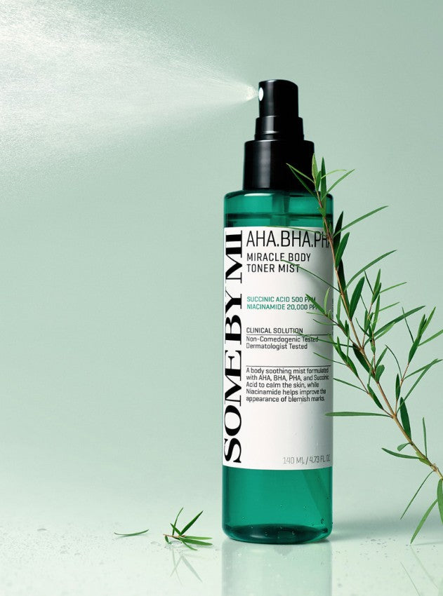SOME BY MI AHA BHA PHA Miracle Body Toner Mist teal bottle with black spray cap and white label on Tampa Home & Garden Store