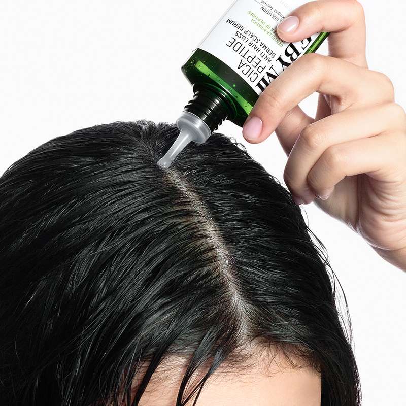 SOME BY MI Cica Peptide Anti Hair Loss Derma Scalp Serum 80ml green bottle with dropper on scalp on Tampa Home & Garden Store