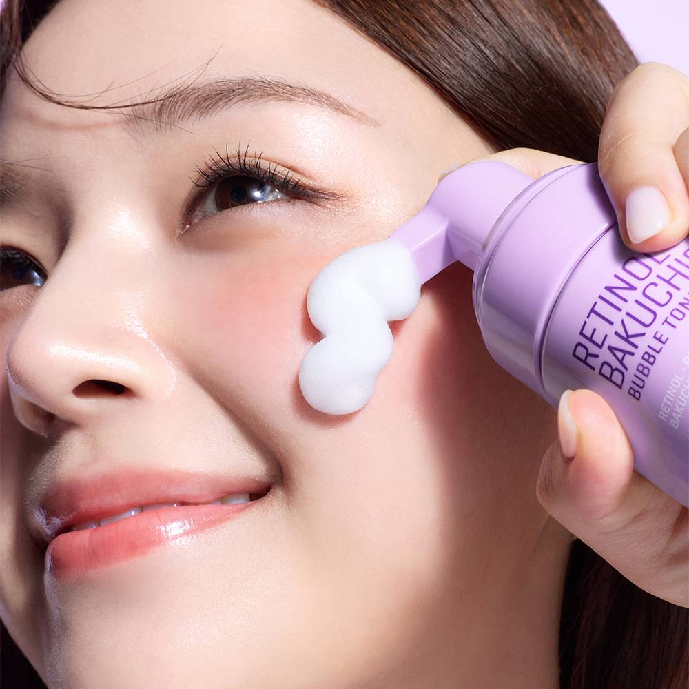 SOME BY MI Retinol Bakuchiol Bubble Toner 100ml lavender bottle dispenses foam on cheek on Tampa Home & Garden Store
