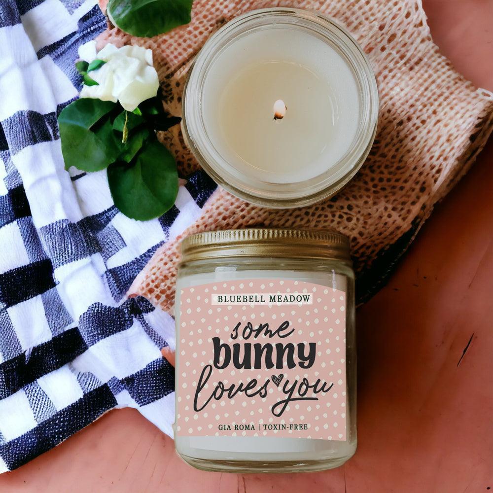 Bluebell Meadow candle Gia Roma in a clear glass jar with pink dotted label on Tampa Home & Garden Store