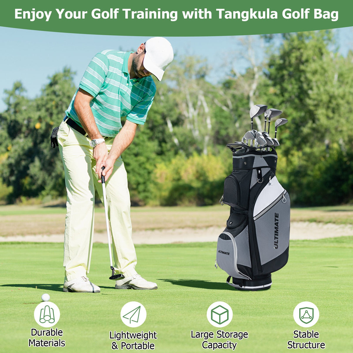 14-Way Golf Cart Stand Bag with Waterproof Rain Hood, gray and black, clubs visible on Tampa Home & Garden Store