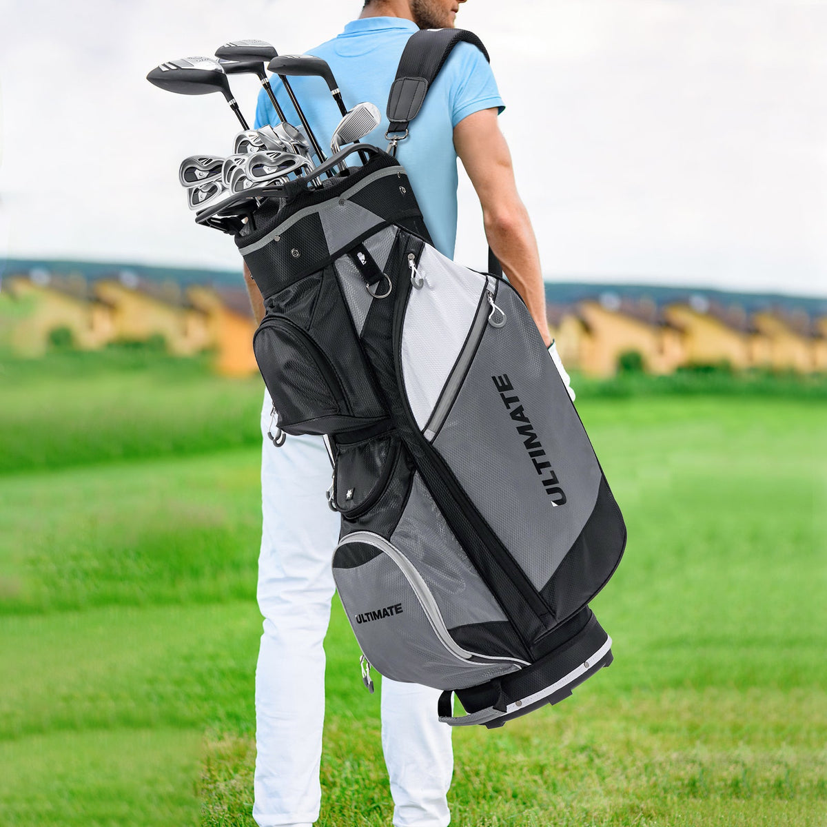 Ultimate 14-Way Golf Cart Stand Bag gray/black with waterproof rain hood on Tampa Home & Garden Store