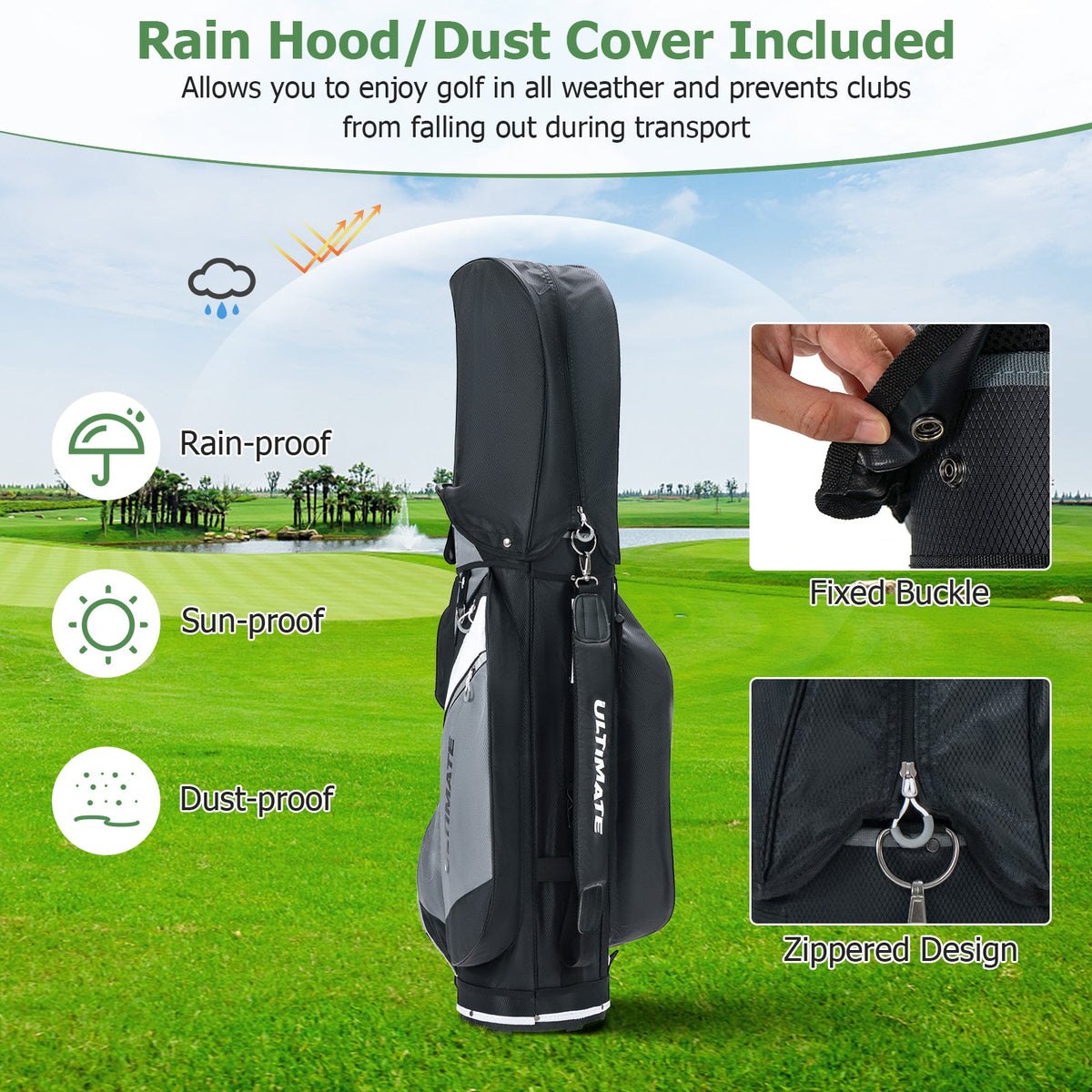 DirectDeals 14-Way golf cart stand bag in black with waterproof rain hood and zippered design on Tampa Home & Garden Store
