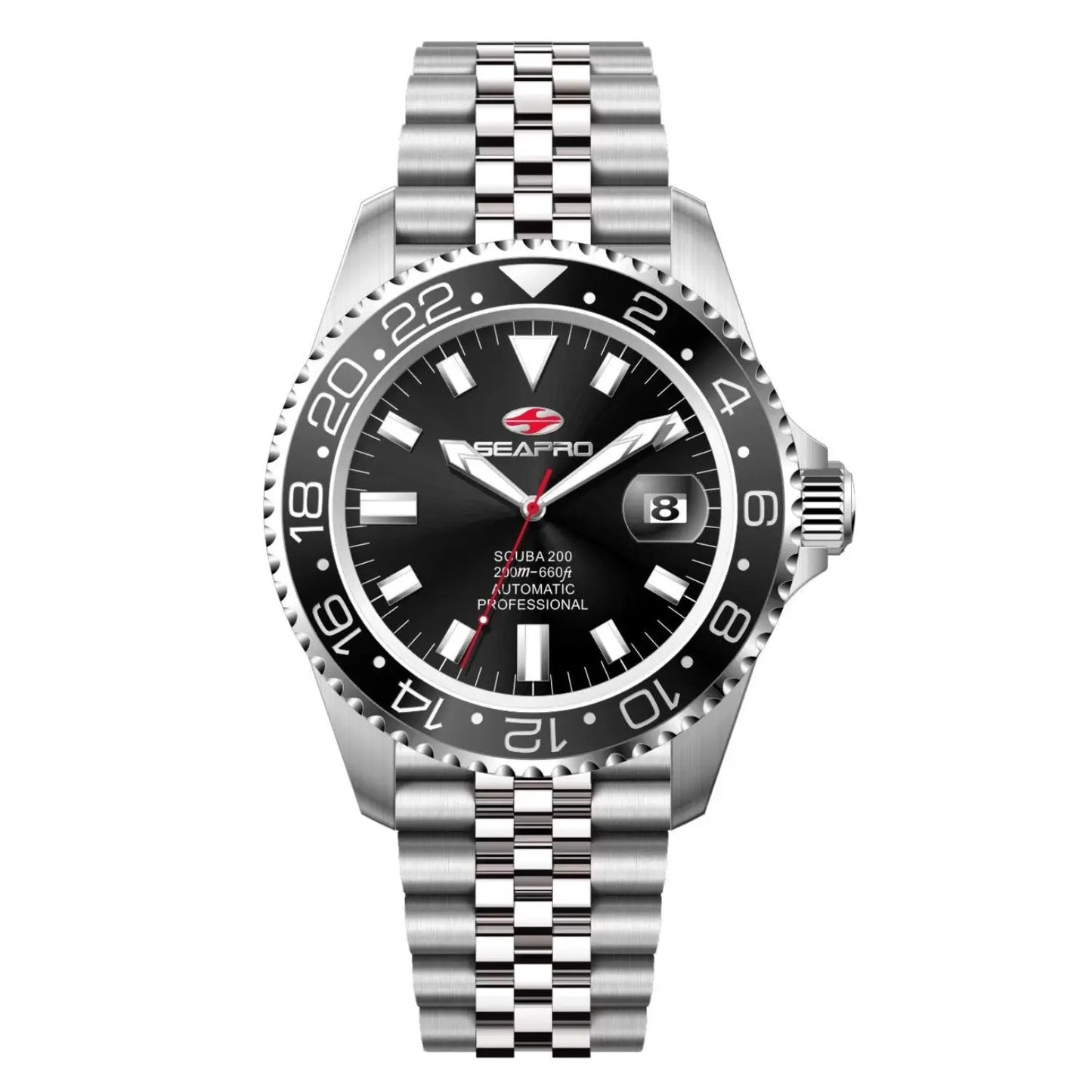 Seapro Grand Meridian men's watch with black dial, stainless steel bracelet, rotating GMT bezel, date window on Tampa Home & Garden Store