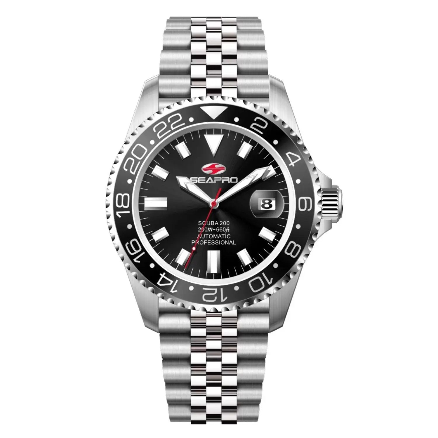 Seapro Grand Meridian men's watch with black dial, stainless steel bracelet, rotating GMT bezel, date window on Tampa Home & Garden Store
